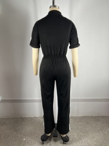 Tuta Intera Casual <span class=keywords><strong>in</strong></span> <span class=keywords><strong>Velluto</strong></span> Elasticizzato con Inserti <span class=keywords><strong>in</strong></span> Denim, Maniche Corte, Gamba Dritta per Donna - Product Image 6