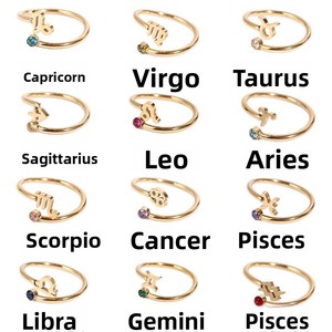 Anello dei Dodici Segni Zodiacali, Anello Aperto Unisex con <span class=keywords><strong>Rune</strong></span>, Zirconi e Pietre Portafortuna, Placcato in Rodio con Incastonatura a Castone - Product Image 1