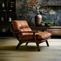Fauteuil individuel en cuir véritable, style mi-siècle, design vintage, avec pieds en bois de hêtre, pour salons et maisons