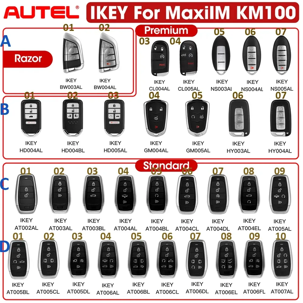 Autel MaxiIM KM100 IKEY kunci mobil pintar, Fob kunci mobil cerdas dapat diprogram Universal seri terbaru untuk BMW/Hyundai/Nissan/Chrysler/Ford/Honda/GM