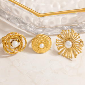 Pearl <b>Ring</b> Geometric Design 18k Gold Plated <b>Titanium</b> Steel Unisex Everyday Wear Jewelry JZ21160 - Product Image 1