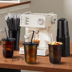 Gobelets jetables noirs 12oz 16oz pour café glacé, fond rond, avec logo personnalisé, en plastique noir avec couvercle et paille - Product Image 2