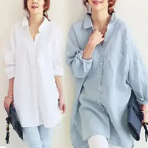 2023 coton Blouse femmes uni couvert bouton blanc Blouses coton femmes haute qualité ample mode décontracté à manches longues Blouse