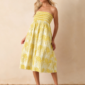 Robe midi plissée sans bretelles à imprimé plage été 2026, robe hawaïenne personnalisée en lin et coton - Product Image 1