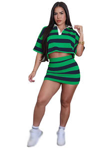 2025 Nova Personalização Logo Verão Casual Moda Listrado Contrastando Cor Top + Saia 2pcs Mulheres Esportes Roupas Vestido Set - Product Image 3