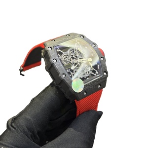 Montre automatique en fibre de carbone haut de gamme personnalisée pour hommes, boîtier noir avec bracelet rouge, montre mécanique - Product Image 1