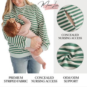 <span class=keywords><strong>Sweat</strong></span>-shirt de maternité personnalisé à rayures avec fermeture éclair discrète, haut de grossesse à manches longues OEM - Product Image 1