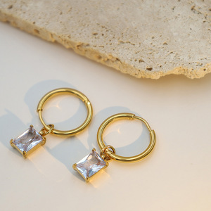 Golden Colored White Zircon Hoop Earrings With Rectangular Charm Bezel Setting Everyday Wear Geometric Design Stainless Steel - Product Image 2