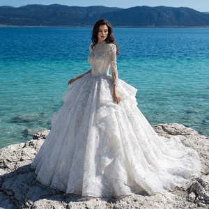 Robe de mariée de luxe Gt26030 en perles et dentelle, style princesse, ivoire, manches longues, appliques, Vestido De Noiva Jancember - Product Image 1