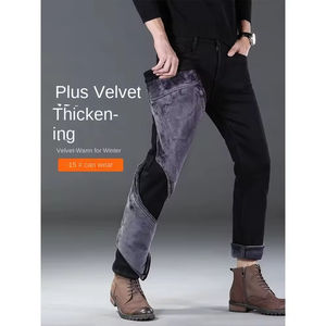 Jeans <span class=keywords><strong>Neri</strong></span> Slim Fit da <span class=keywords><strong>Uomo</strong></span> Inverno 2022, <span class=keywords><strong>Pantaloni</strong></span> in Denim Foderati in Pile Caldo, Taglie Forti, Lavaggio Medio, <span class=keywords><strong>Elasticizzati</strong></span> in Velluto - Product Image 6