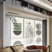 Ensemble d'art mural bohème minimaliste vert sauge et beige, 3 impressions sur toile encadrées brillantes avec des motifs géométriques de lignes, de feuilles, de soleil et de lune