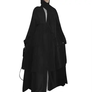 Dubai Arab Splicing 3 -layers Chiffon Maxi Dresses Plain Color Front-Open Cardigan Robe Islamic Long Sleeve Dress Abaya