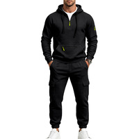 Ensemble deux pièces pour homme, automne, sweat à capuche mi-zippé doublé polaire uni avec pantalon cargo jogger, tenue de sport décontractée et épaisse