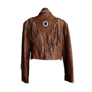 Chaqueta Bomber Nabtay Sports Marrón de Cuero Genuino con Flecos y Bordado de Cuentas, Cuello Alto, Resistente al Viento, para Mujer, Invierno - Product Image 2