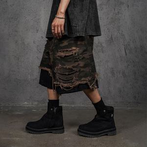 Shorts amples pour hommes en denim 100% coton, double couche à la taille, déchirés, camouflage noir, personnalisables, vente en gros pour marques de mode - Product Image 6