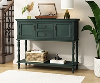 Table console en bois avec 2 tiroirs et 2 armoires à portes, rangement ouvert, étroite, longue, pour salon, hall d'entrée, couloir, vert non éclairé