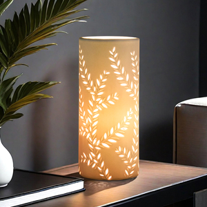 Lampu malam keramik gaya Modern untuk kamar tidur lampu meja porselen silinder kustom dengan pola daun harga pabrik - Product Image 3