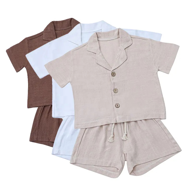 Yeni özel keten pamuk düz kısa kollu gömlek Unisex bebek erkek kız çocuklar yaz giyim seti