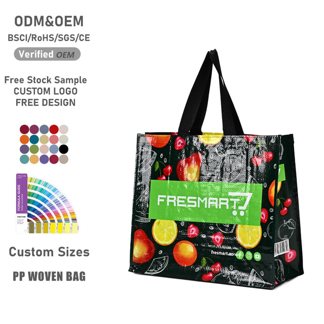 Wholesale Supermarket Shopping Environmental Reusable Recycled Woven PP Bags Double Handles Cartoon Pattern Shoulder Strap