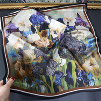 Écharpe carrée en soie véritable Van Gogh, motif iris rétro français, 70 cm, polyvalente, printemps-été, foulard, châle, écharpe de cou pour femme