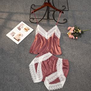 Pyjama court deux pièces Sexy pour femmes, ensemble de nuit, dentelle, soie, Satin, joli, vêtements de nuit d'été - Product Image 2