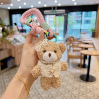 Mignon porte-clés et breloque de sac en peluche anti-perte, en forme d'ours en peluche avec nœud perlé, style dessin animé, doux et moelleux, pour sac à dos