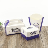 Boîte à repas pour burger personnalisée, imprimée en violet et blanc, avec poignée, pour restaurant de restauration rapide, livraison à emporter, traiteur pour événements