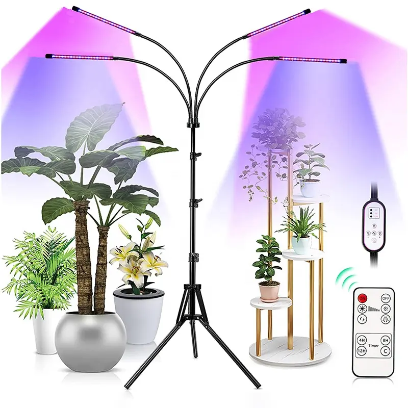 4 헤드 전체 스펙트럼 Led 성장 빛 바닥 식물 실내 성장 빛 삼각대 스탠드 램프 식물 타이머 제어