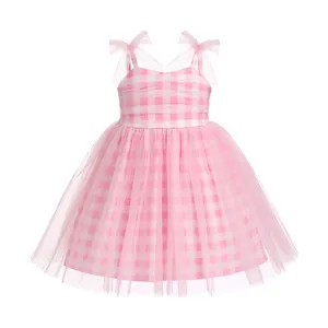 Summer Baby Sleeveless Cotton Dress Infant Girls Shoulder Tie Smocked Gingham A Line MINI Tulle Dress Kids Girl Vintage Dresses