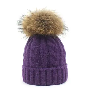 15cm Adulte Bonnet Chapeau Détachable <span class=keywords><strong>Fourrure</strong></span> De Raton Laveur Pompons Femmes Tricoté <span class=keywords><strong>Toque</strong></span> Bonnet Chapeaux - Product Image 6