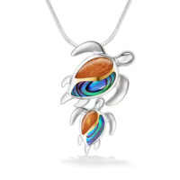Collier pendentif tortue mère et bébé en argent sterling 925, bois de Koa hawaïen et coquille d'ormeau, bijoux sur le thème de la vie marine