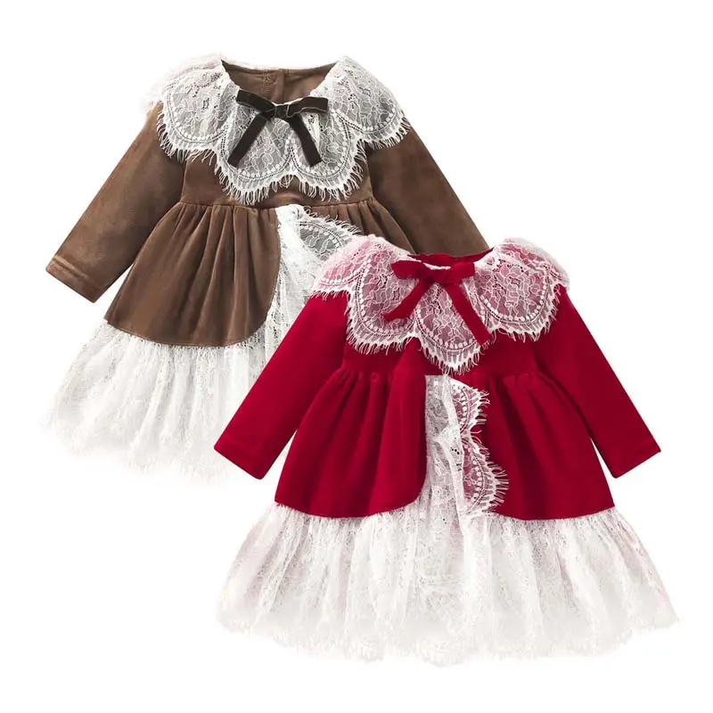 Toptan prenses elbiseler noel kıyafet elbise yürüyor çocuk bebek kız kadife kırmızı noel Vintage elbise KGCD-026
