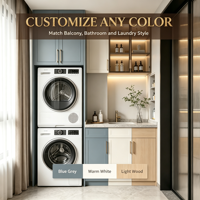 Meuble de buanderie sur mesure en MDF avec porte vitrée, poignée en laiton, étagère LED, colonne lave-linge/sèche-linge, évier et comptoir pour appartement, OEM ODM