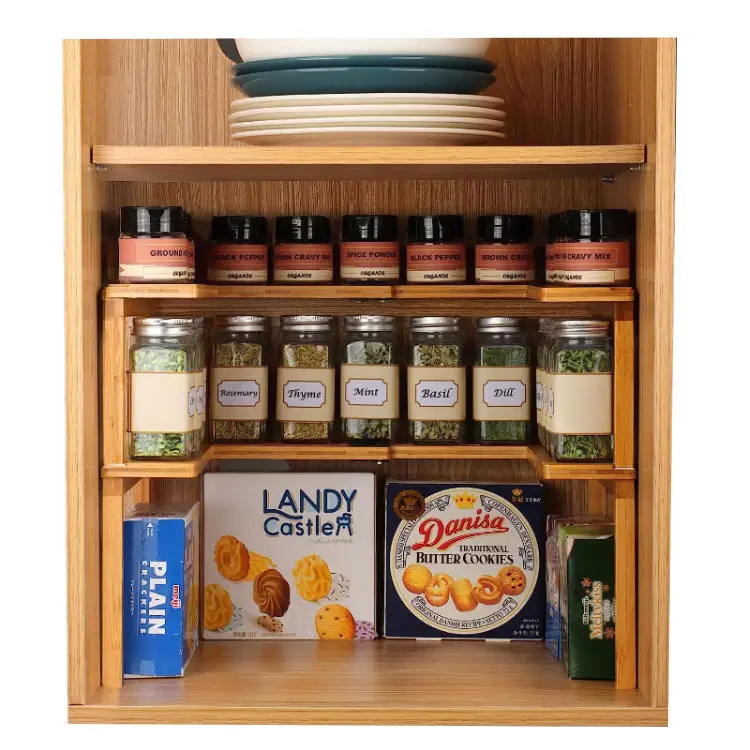 Sopewod Expandable & Stackable Storage Shelf Bamboo Spice Rack Corner Rack Organizer Spice Bottle Rack for Kitchen
