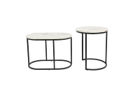 Ensemble de 2 tables basses gigognes modernes rondes en bois marbré blanc, table d'appoint, cadre en métal noir, plateau ovale blanc et pied noir