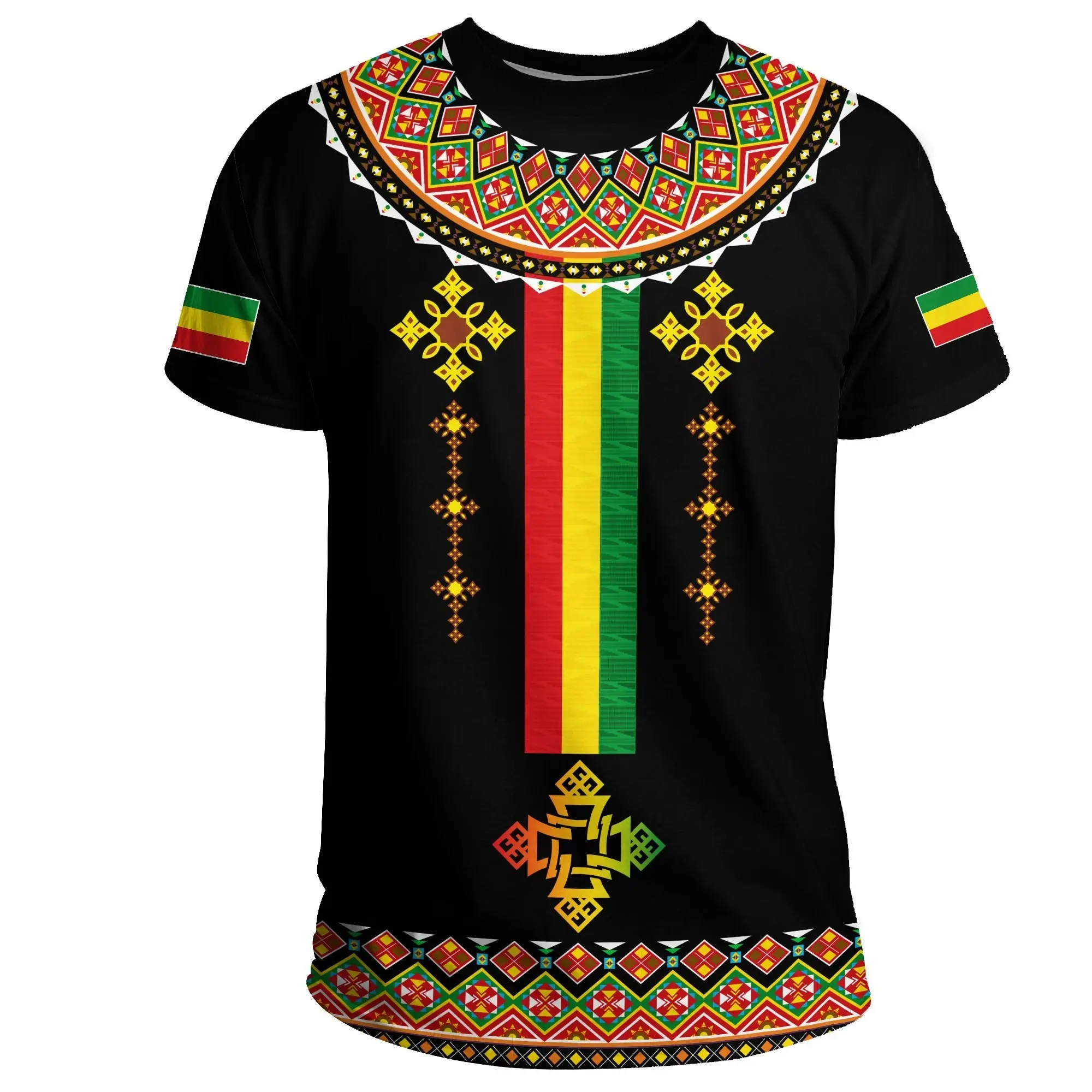 Éthiopie Éthiopienne traditionnelle Habesha moderne personnalisé croix conception t-shirt pour hommes polyester vêtements en gros logo personnalisé texte