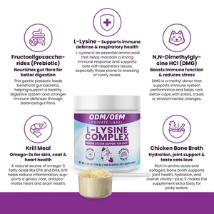Poudre de <span class=keywords><strong>L</strong></span>-<span class=keywords><strong>Lysine</strong></span> OEM/ODM pour chats et chatons – Soutien immunitaire et santé respiratoire - Product Image 2