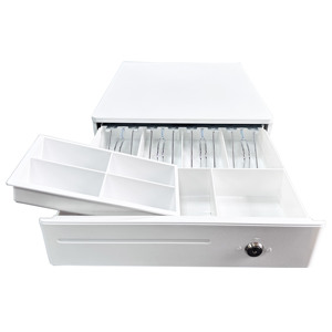 HER-335 Cassetto <span class=keywords><strong>Registratore</strong></span> <span class=keywords><strong>di</strong></span> <span class=keywords><strong>Cassa</strong></span> RJ11 6V/9V/12V/24V con Serratura a Tre Posizioni, 3-4 Scomparti Banconote, 4-8 Scomparti Monete, Nero/Bianco, 1M+ - Product Image 3