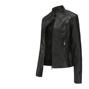 Blouson court matelassé en cuir imperméable pour femme, col montant, fermeture éclair, idéal printemps - Product Image 2