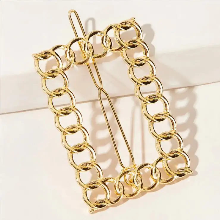 Korea Fashion Women Metal Alloy Gold Color Chain Barrettes Hair Clips Hollow Geometric Triangle square Hairpins Hair Accessories