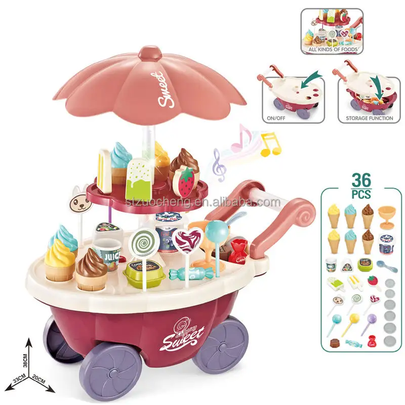 Fully equipped plastic kids candy dessert big toy ice cream car rotation light musical ice cream cart toy
