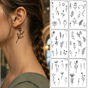 Adesivi per Tatuaggi Temporanei Minimalisti con Linee Floreali, Contorno Nero, Rami di Piante, Tatuaggi Finti, 10 Pezzi, Impermeabili, Piccoli Adesivi Decorativi per il Corpo - Product Image 4