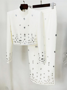 SR2316 Yellow Beautiful Spring Autumn Clothes Luxury <strong>Tops</strong> and Skirt Set With Pearl Fashion <strong>Crystal</strong> Two Pieces Set - Product Image 5