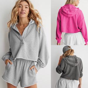 <span class=keywords><strong>Sudadera</strong></span> con capucha personalizada con cuello en V, estilo Henley, con costuras expuestas y dobladillo sin rematar, top holgado informal para mujer - Product Image 1