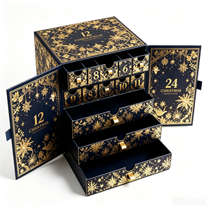 Custom Navy Blue 24 Days Advent <b>Calendar</b> Box with Drawers Gold Foil Rigid Cardboard Christmas Blind Box Mystery Packaging Gift - Product Image 1