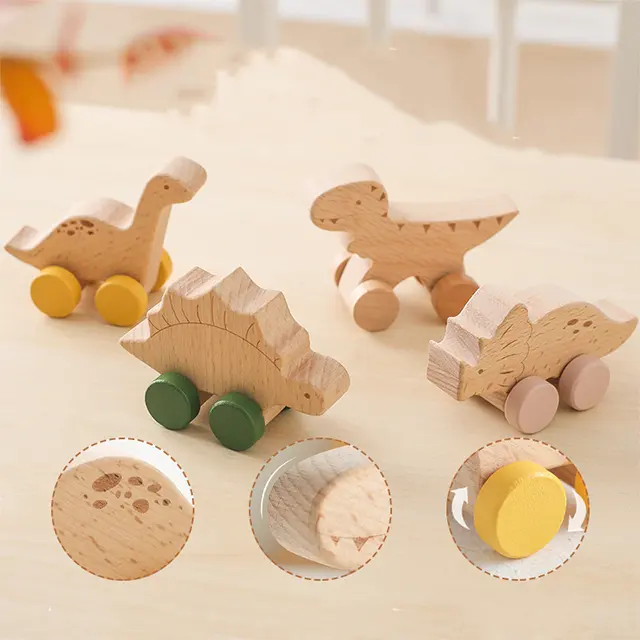 Carrito de madera educativo de educación temprana para bebés, juguetes para niños, cerebro práctico, pequeño dinosaurio, forma de Estegosaurio, cochecito de madera