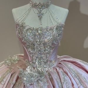 Vestido de novia Jancember XS332 rosa con cuentas, estilo princesa, cuello halter, corsé con escote corazón, satén. - Product Image 4