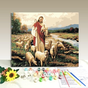 Kit de peinture à l'huile par numéros DIY, style Jésus, peinture par numéros pour adultes, toile à dessiner avec pinceaux - Product Image 1
