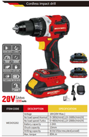 Perceuse à percussion sans fil WEDO de qualité industrielle 20V 2.0AH avec moteur sans balais, perceuse portable