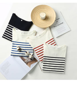 T-Shirt Marin Rayé <span class=keywords><strong>Rouge</strong></span> et Blanc pour <span class=keywords><strong>Femme</strong></span>, 100% Coton, Manches Longues, Personnalisable, Style Breton - Product Image 6